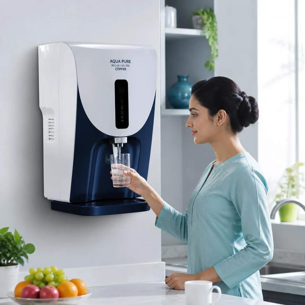 Modern RO water purifier in a clean kitchen filling a glass with pure drinking water